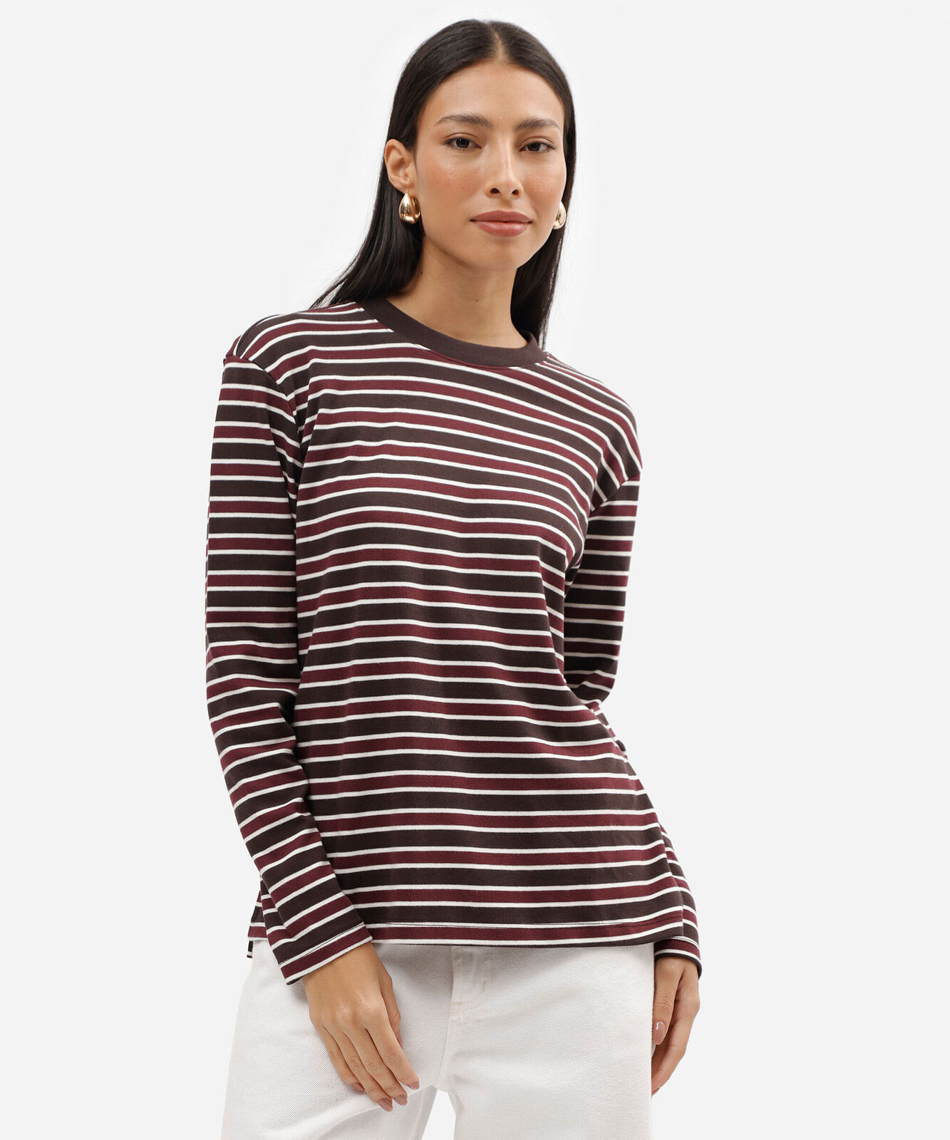blusa feminina de algodão peruano manga longa listrada marrom