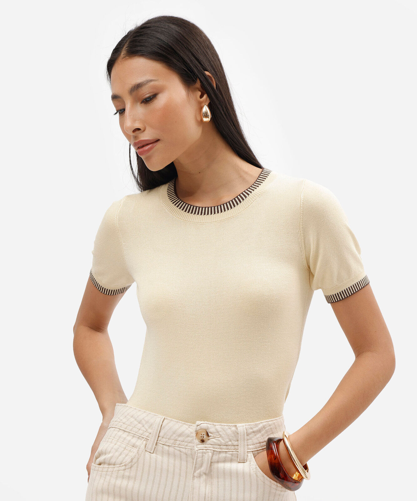 blusa feminina de tricot manga curta amarela