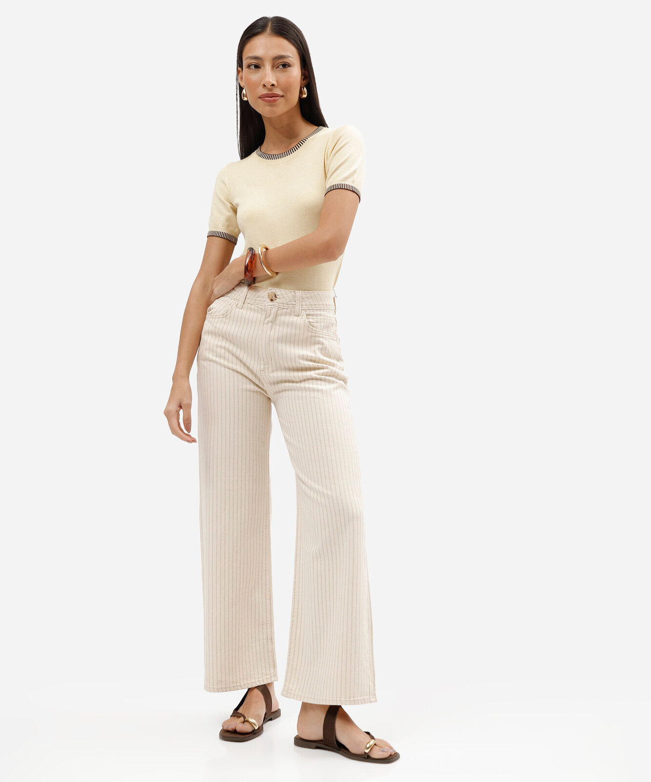 calça wide leg cropped feminina de sarja cintura alta bege