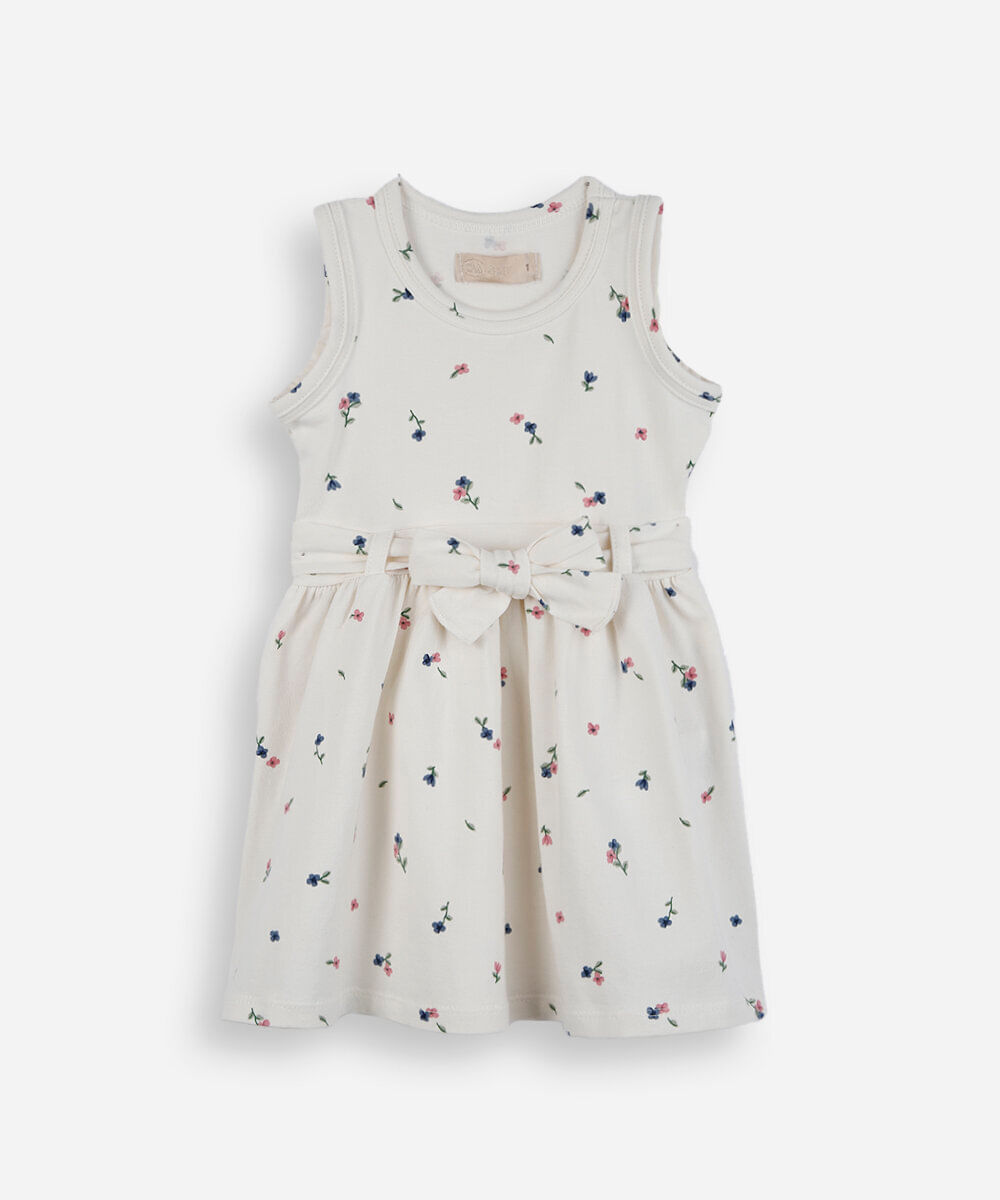 vestido infantil de algodão com laço floral off white