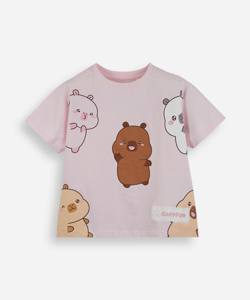camiseta infantil de algodão manga curta capyfun rosa