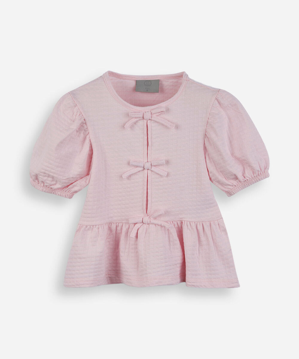 blusa de algodão infantil com lacinho texturizada rosa