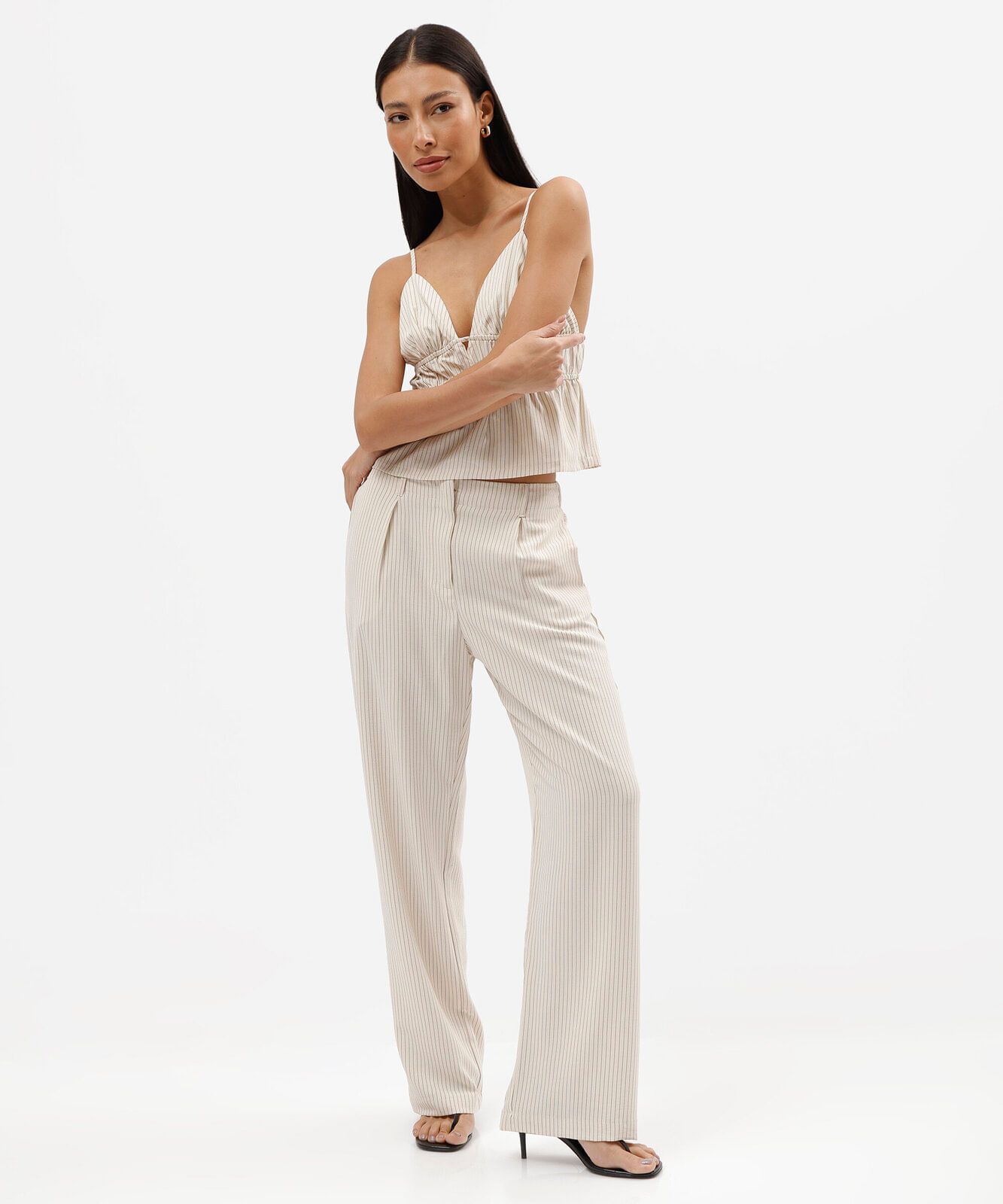 calça wide leg feminina risca de giz cintura alta off white