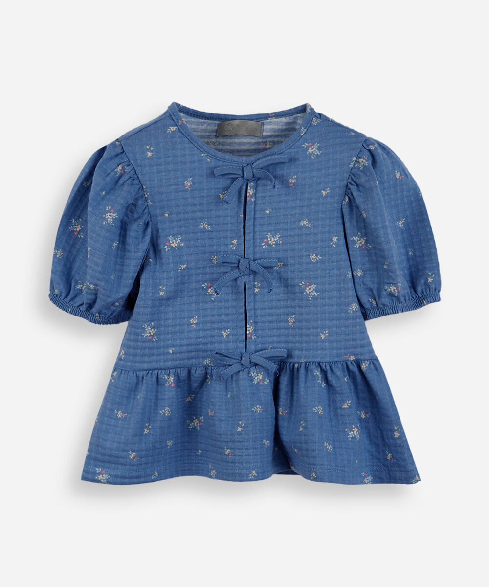 blusa infantil com lacinhos floral azul
