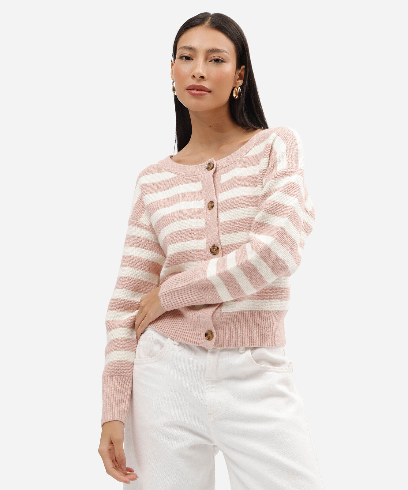 cardigan feminino de tricot listrado rosa