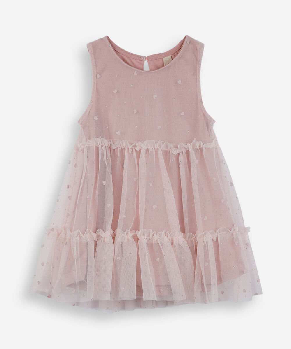 vestido infantil de tule com recorte corações rosa