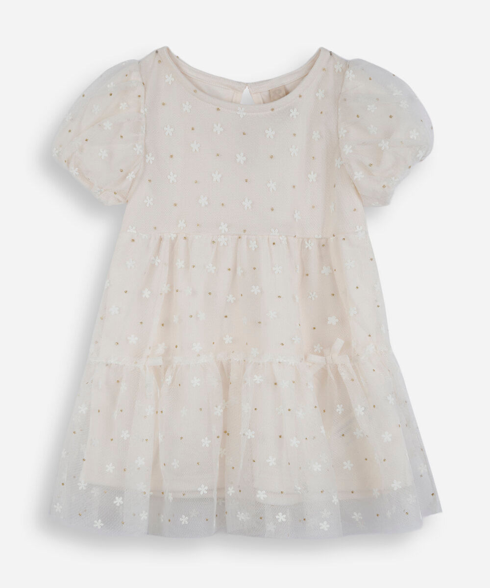 vestido infantil de tule manga curta com recortes e laços floral off white