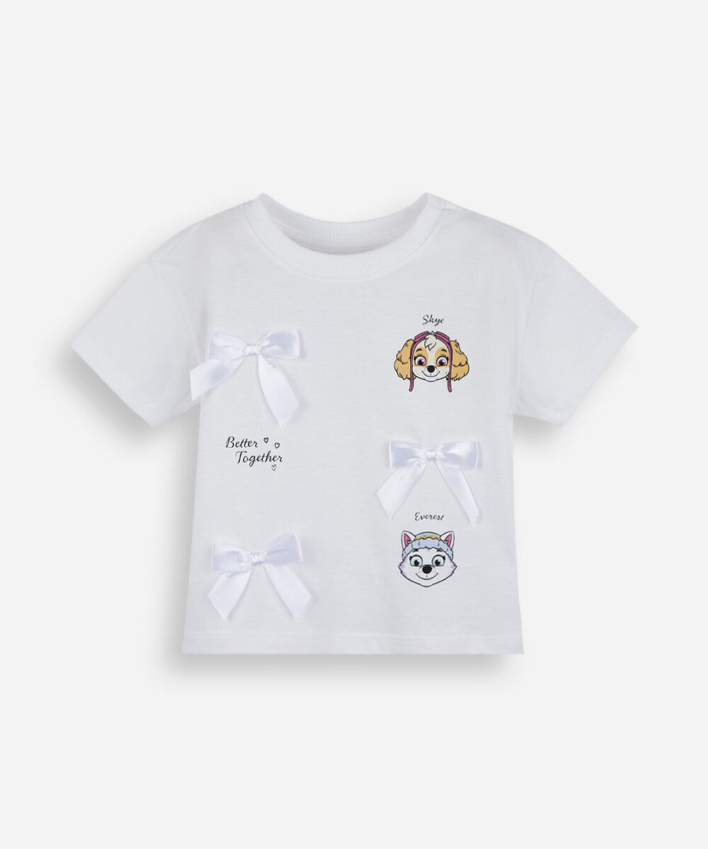 camiseta infantil de algodão patrulha canina com laços manga curta off white