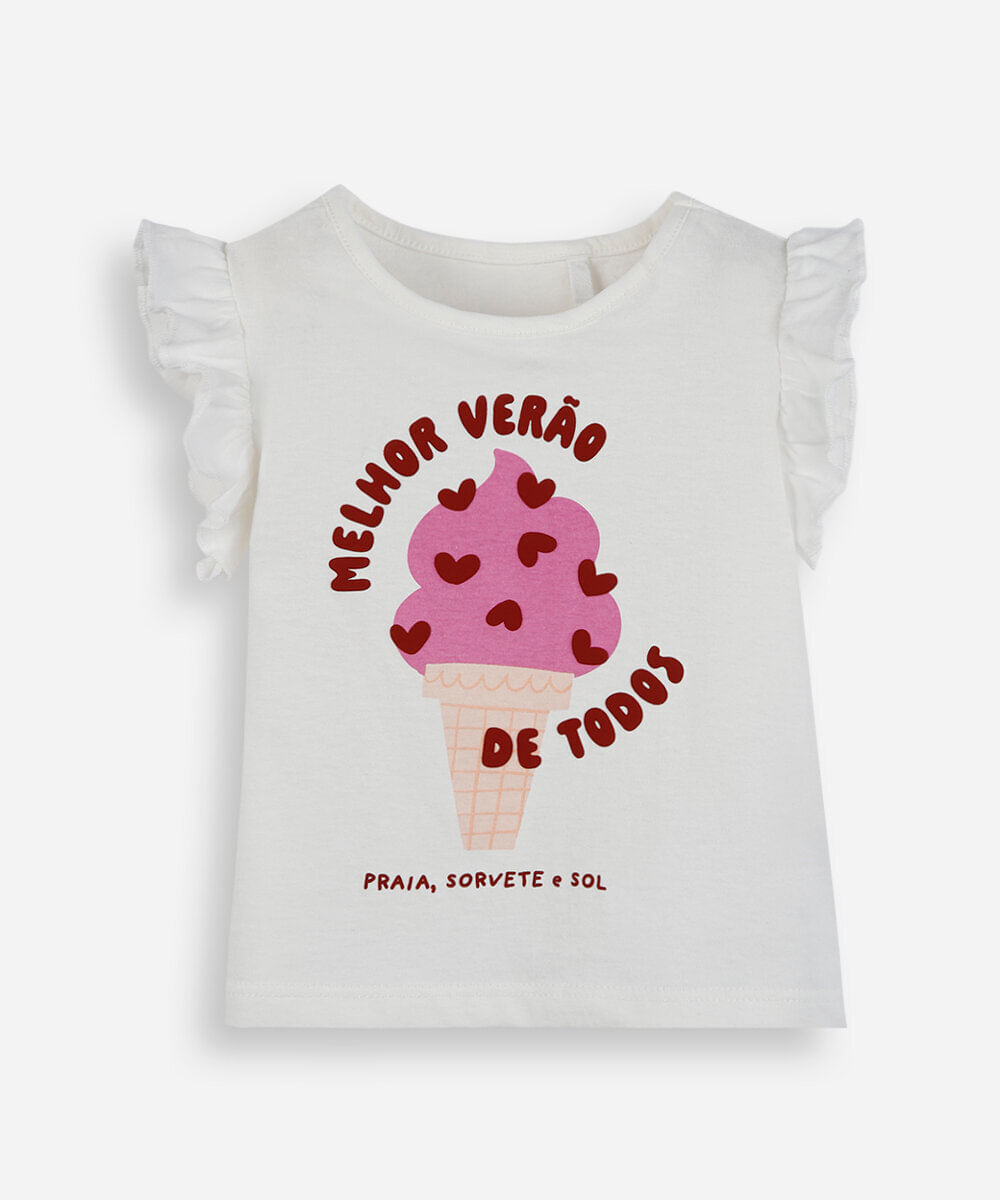 blusa infantil de algodão estampada com babado off white