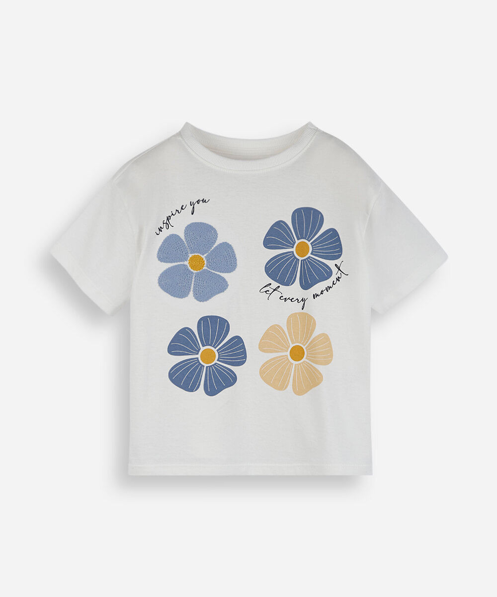 blusa infantil de algodão manga curta floral off white