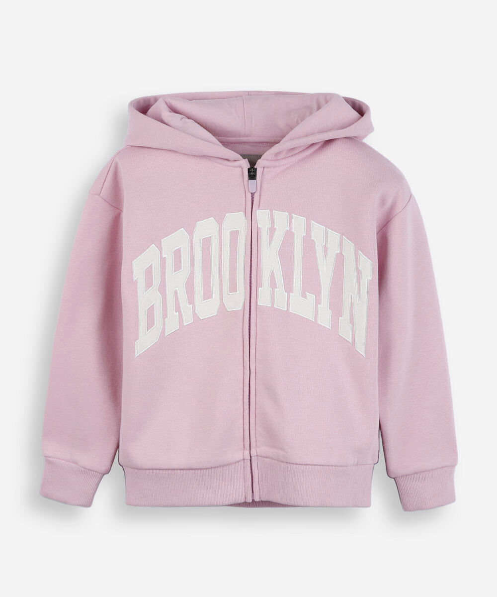 jaqueta infantil de moletom com capuz estampado rosa