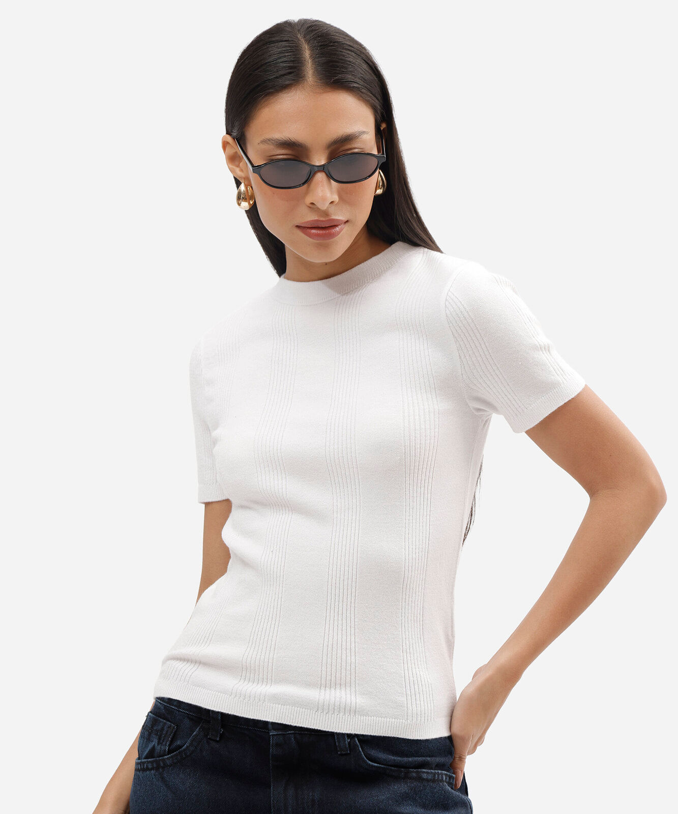blusa de tricot canelada manga curta off white