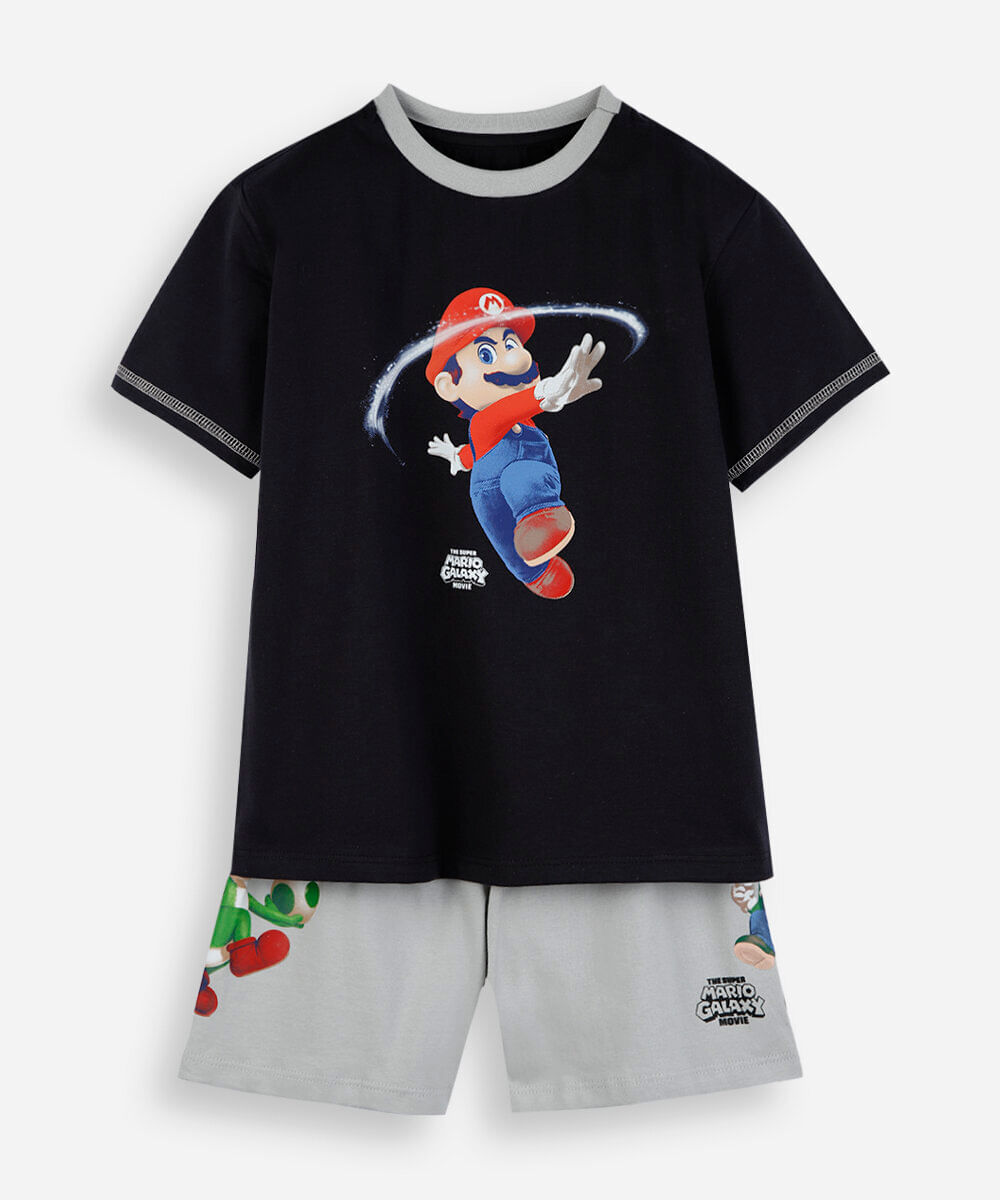 pijama curto infantil de algodão manga curta mario bros preta