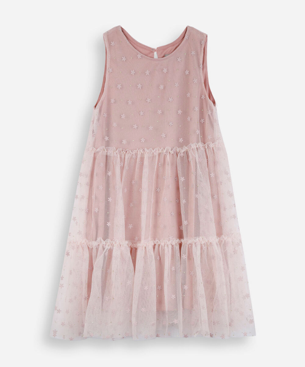 vestido infantil de tule com recortes floral rosa