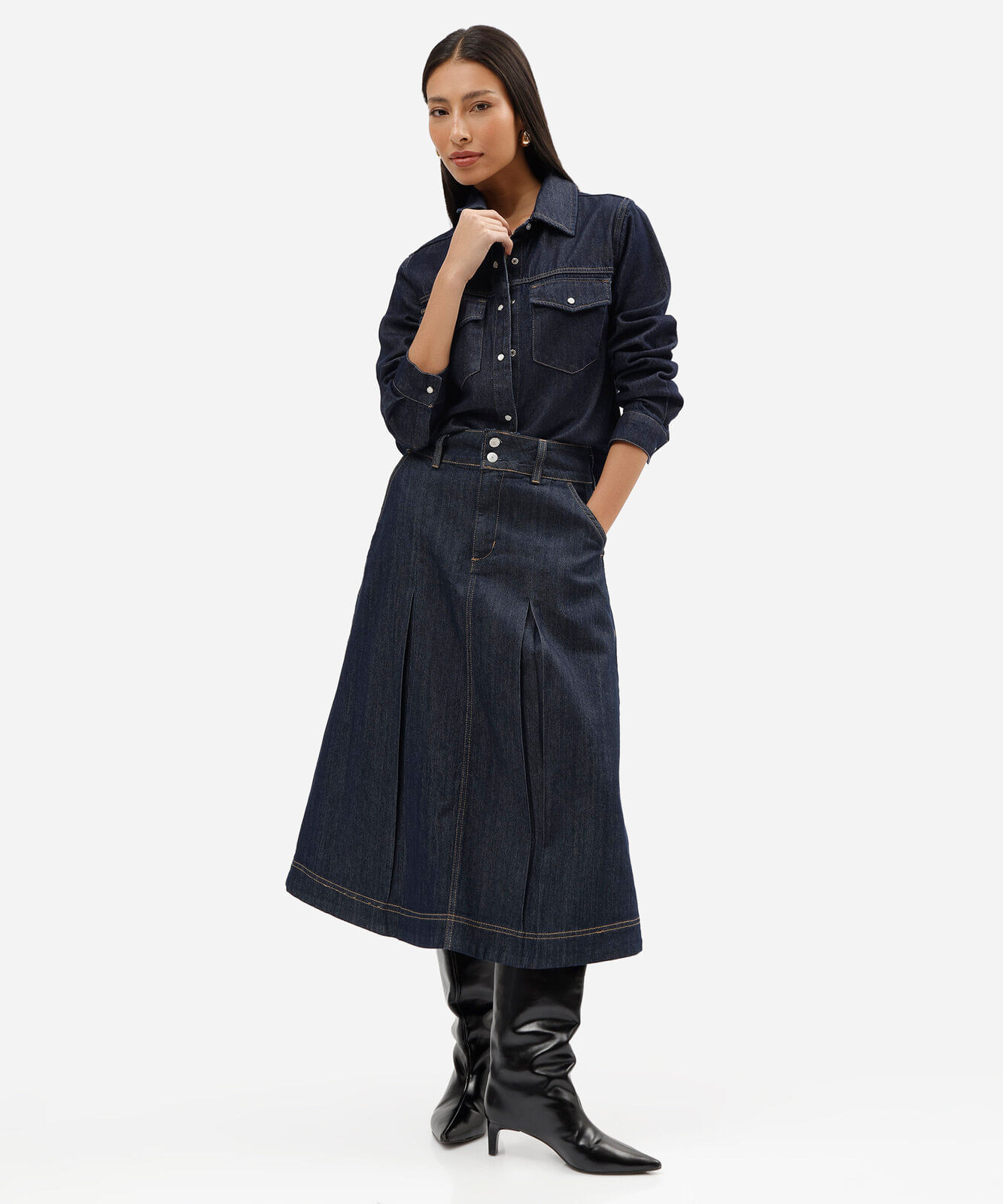 saia midi feminina jeans com pregas cintura alta azul