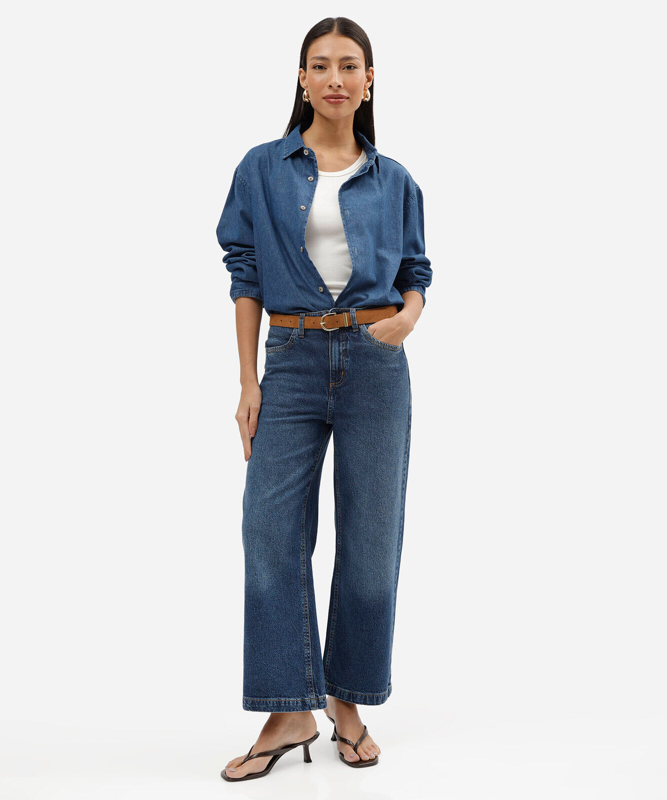calça pantacourt feminina jeans cintura alta com cinto azul