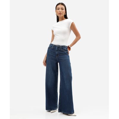 calça wide leg feminina jeans cintura média com cinto azul