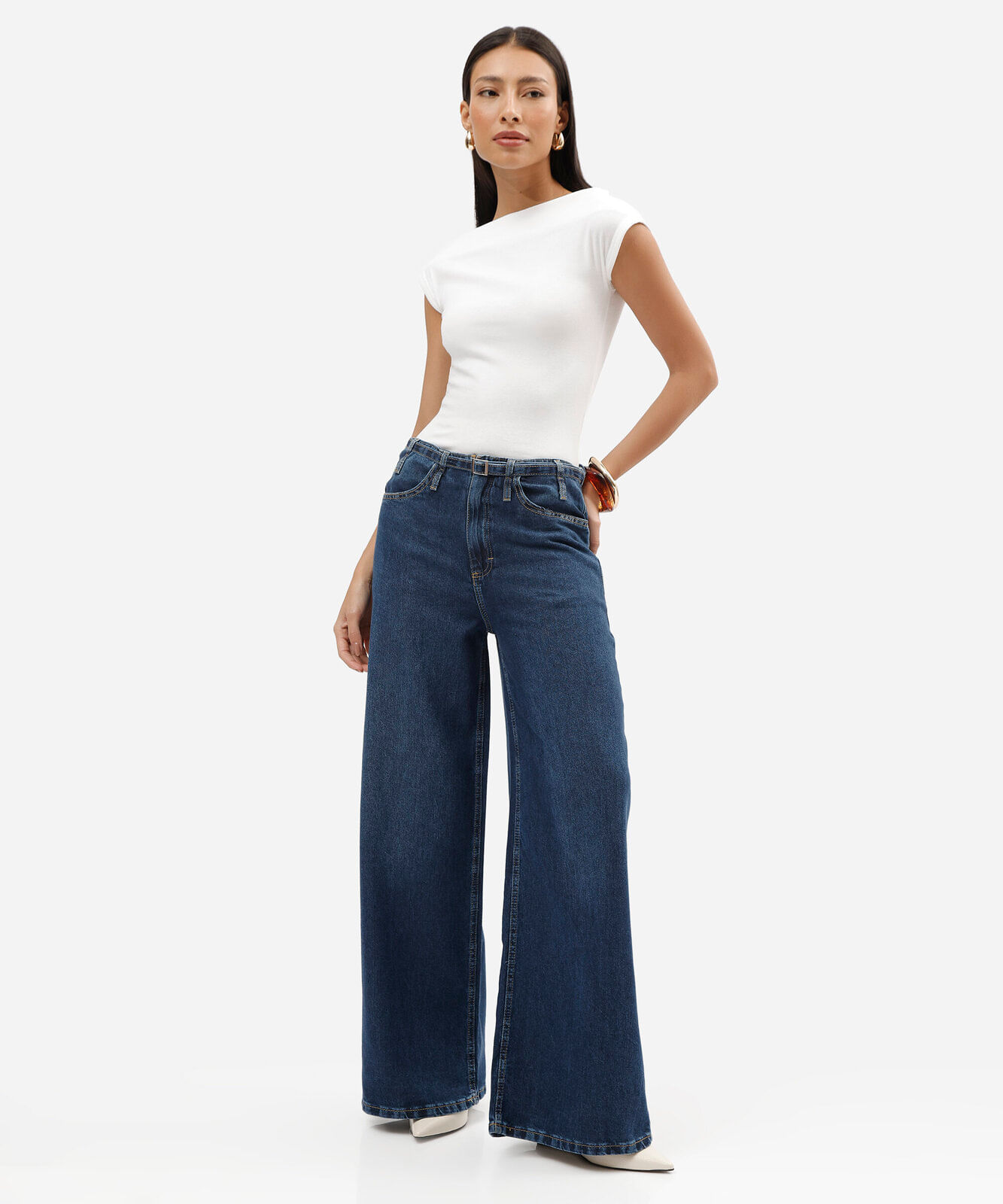 calça wide leg feminina jeans cintura média com cinto azul