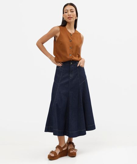 saia midi evasê feminina jeans com recortes cintura alta azul 46