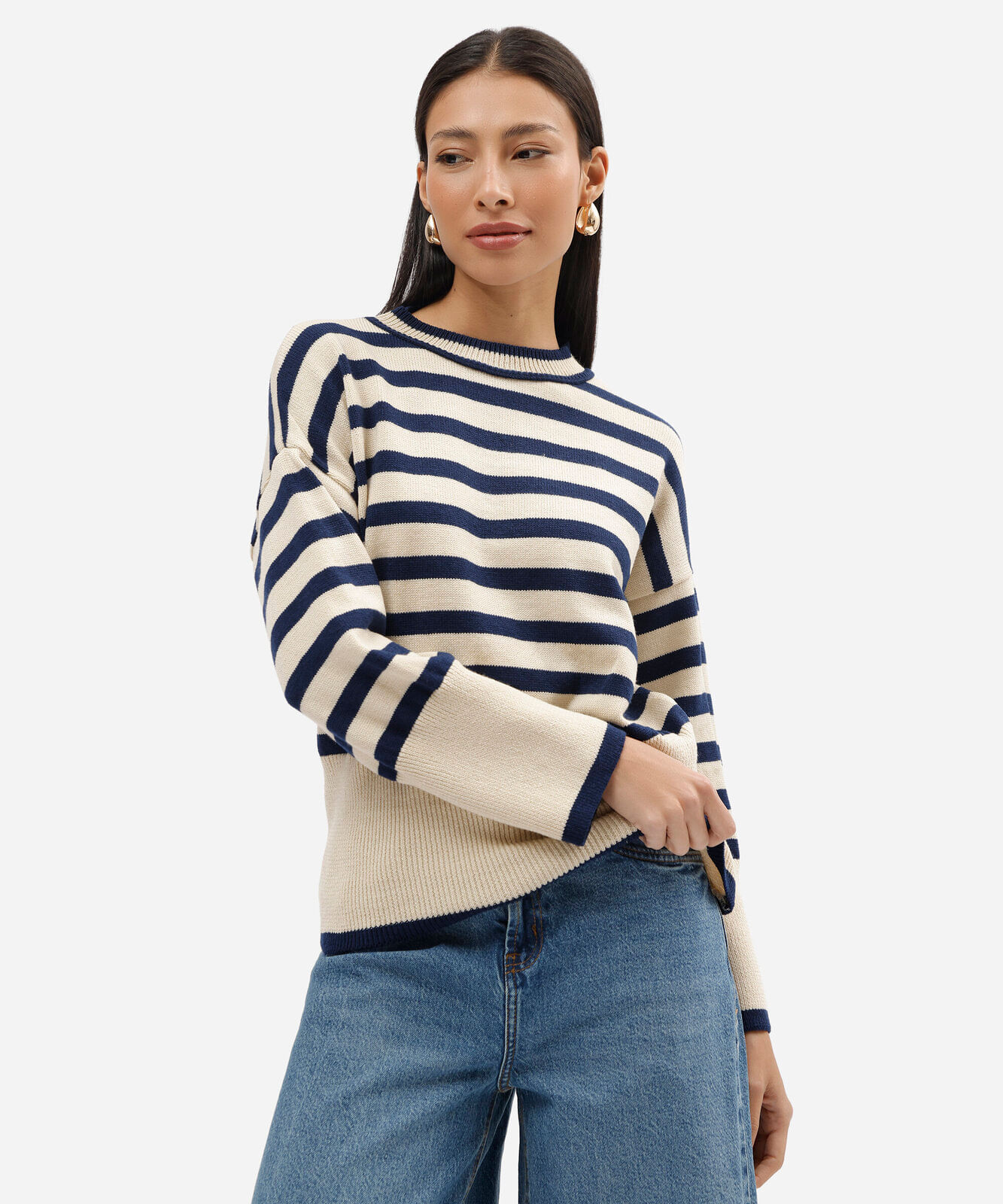 suéter feminino de tricô listrado com manga ampla azul