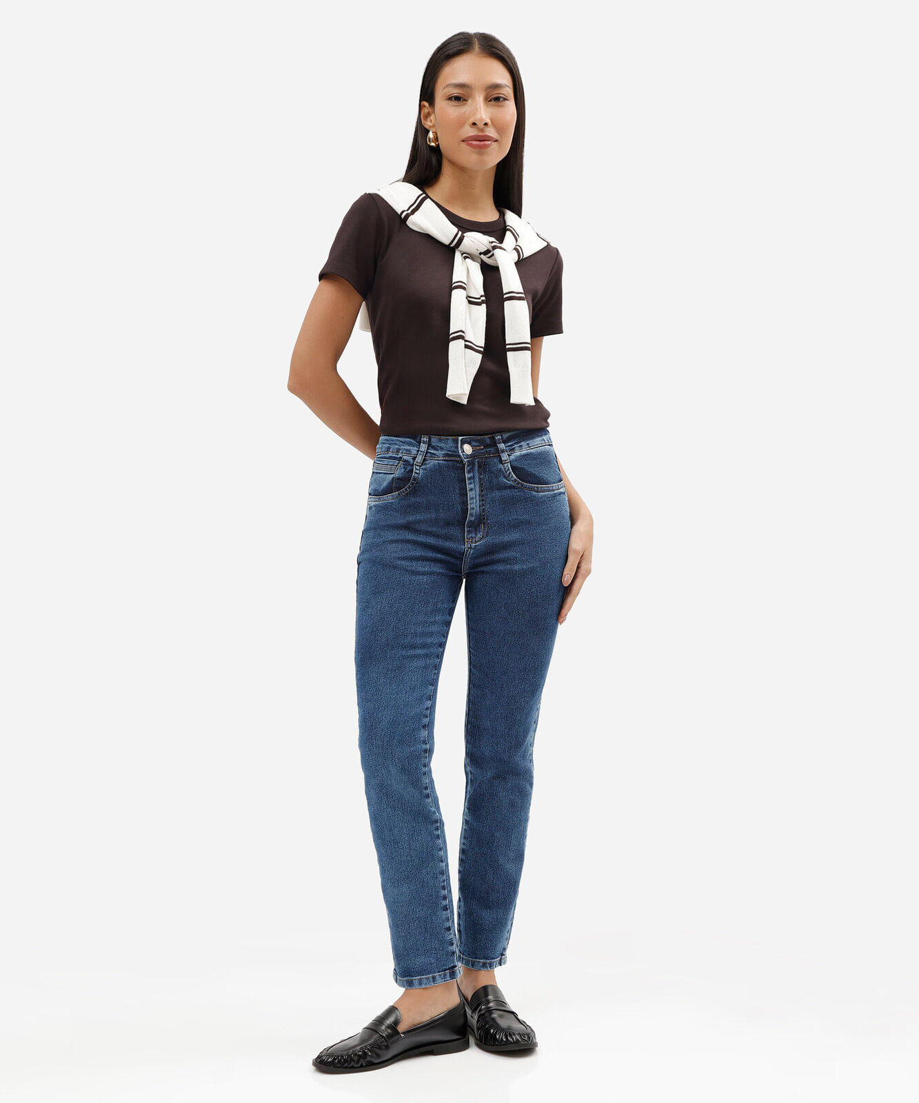 calça reta feminina jeans cintura alta sawary azul