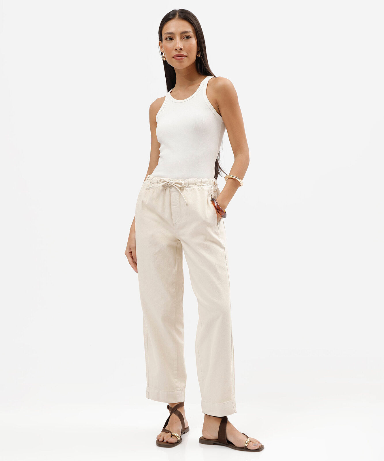 calça clochard feminina de sarja cós elástico bege