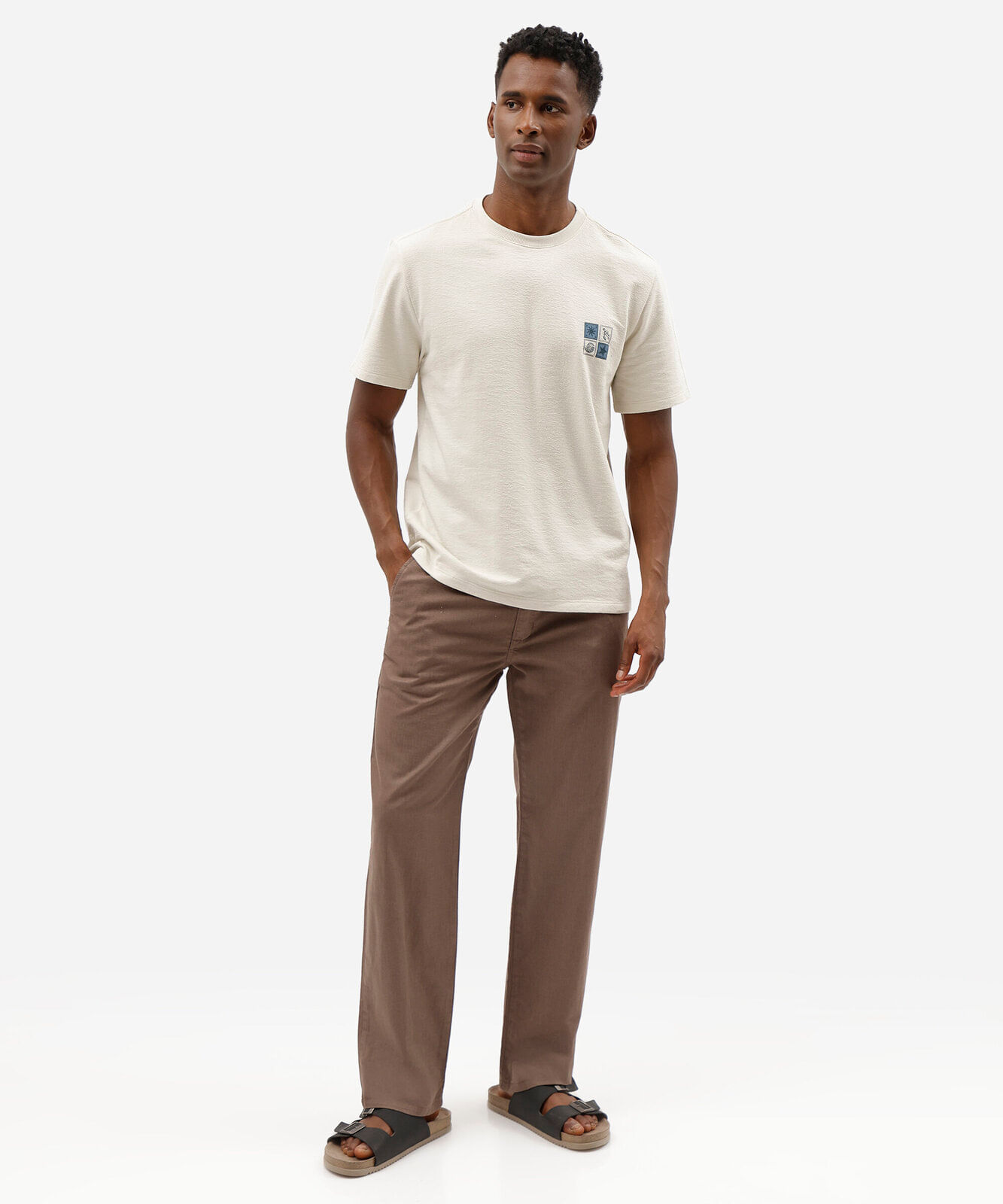 calça reta masculina de sarja cós elástico marrom