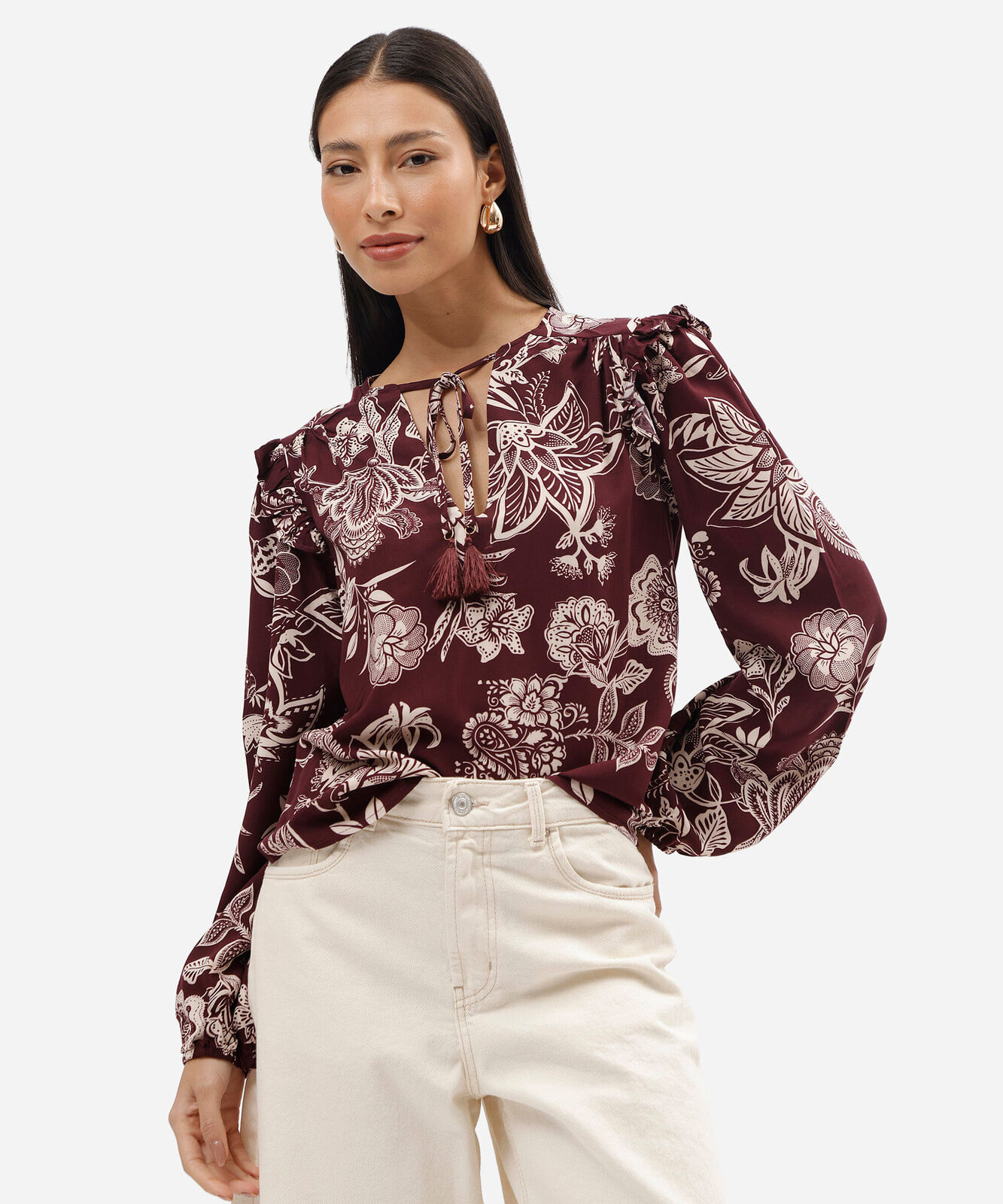 bata feminina de viscose manga longa floral vinho