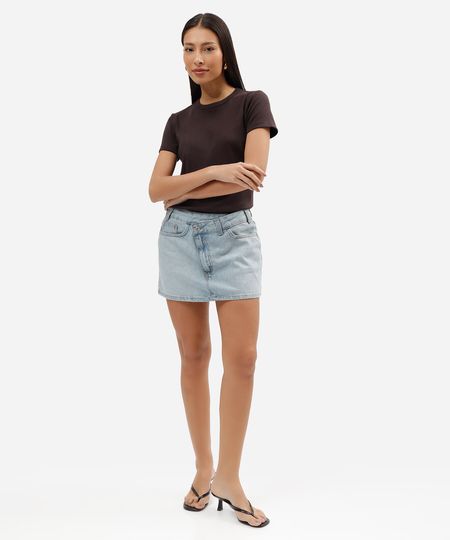 minissaia feminina jeans cintura média cós deslocado azul 34