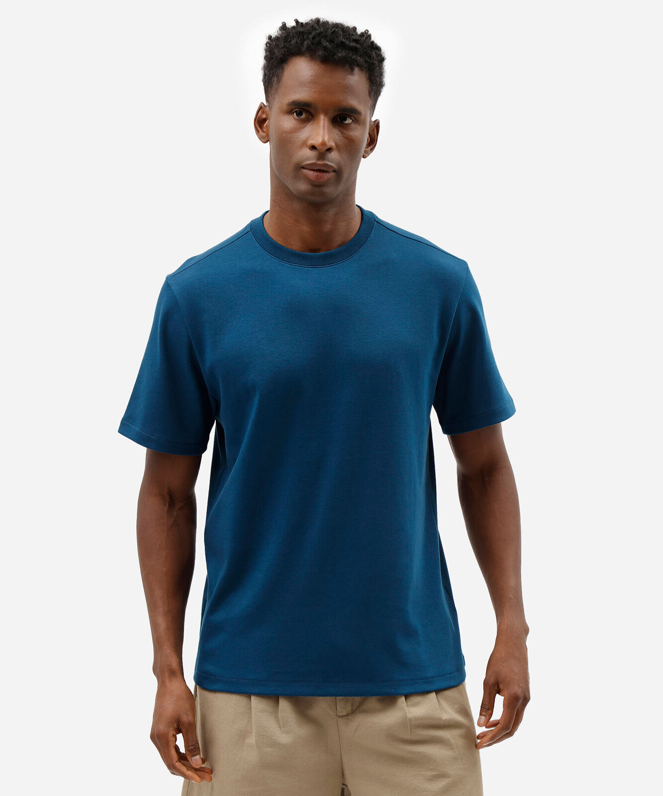 camiseta masculina comfort de malha interlock lisa azul
