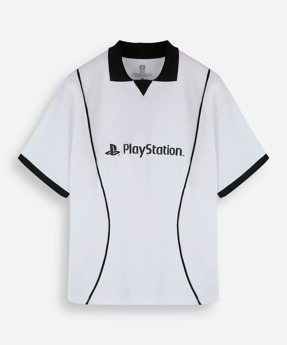 camiseta juvenil com gola e nervuras manga curta playstation off white