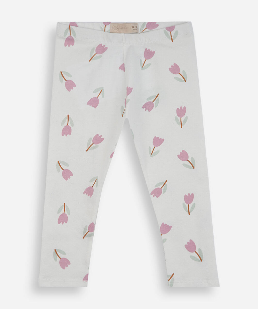 calça legging infantil de algodão floral off white