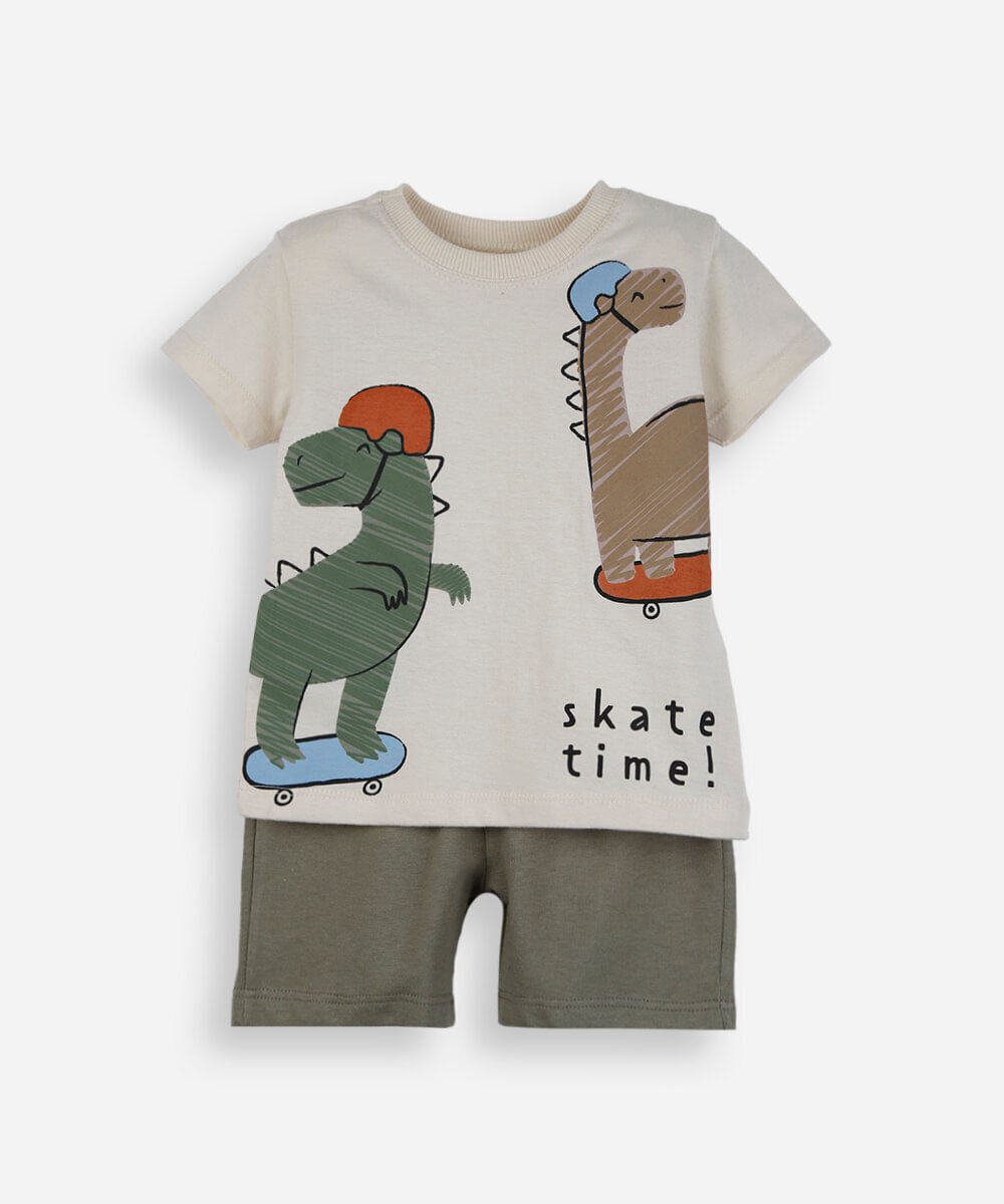 conjunto curto infantil de algodão dino off white
