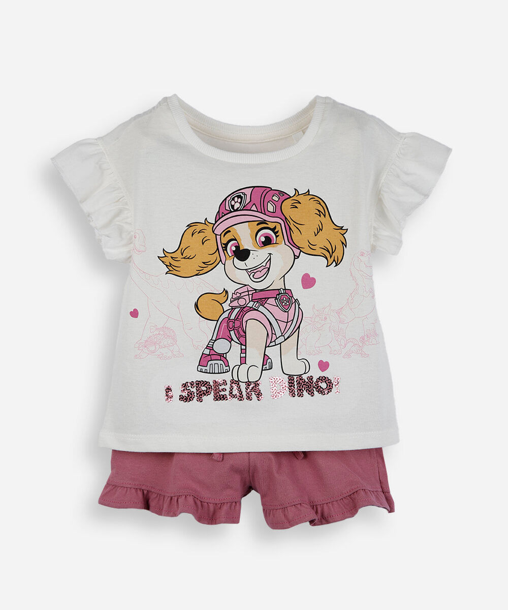 conjunto curto infantil de algodão patrulha canina off white