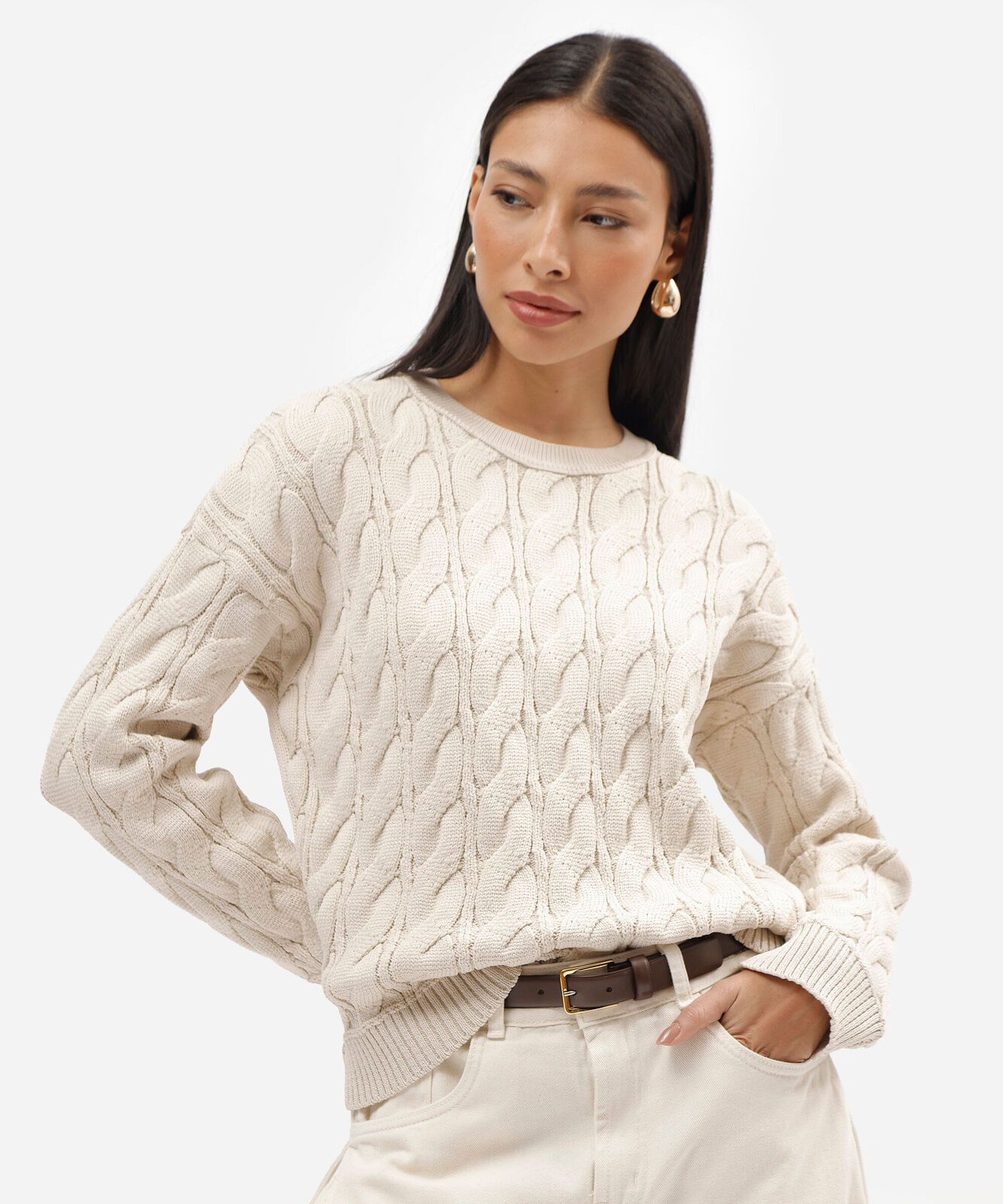 suéter feminino de tricot texturizado bege