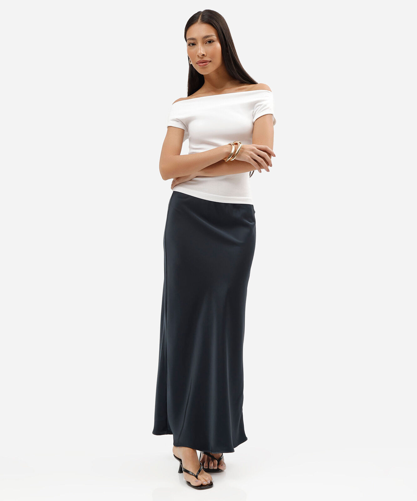 saia midi feminina acetinada azul