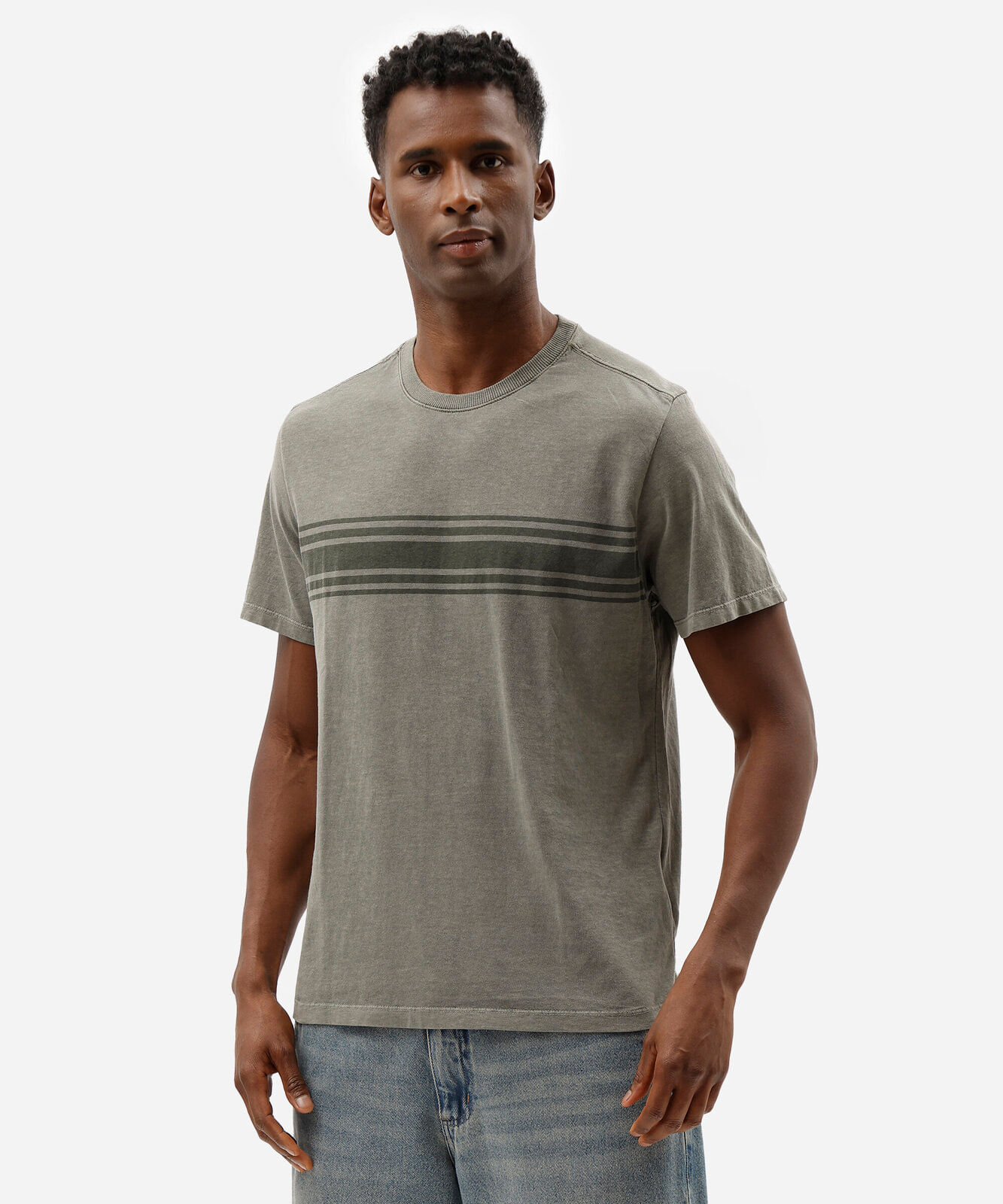 camiseta masculina comfort de algodão estonada com listras verde