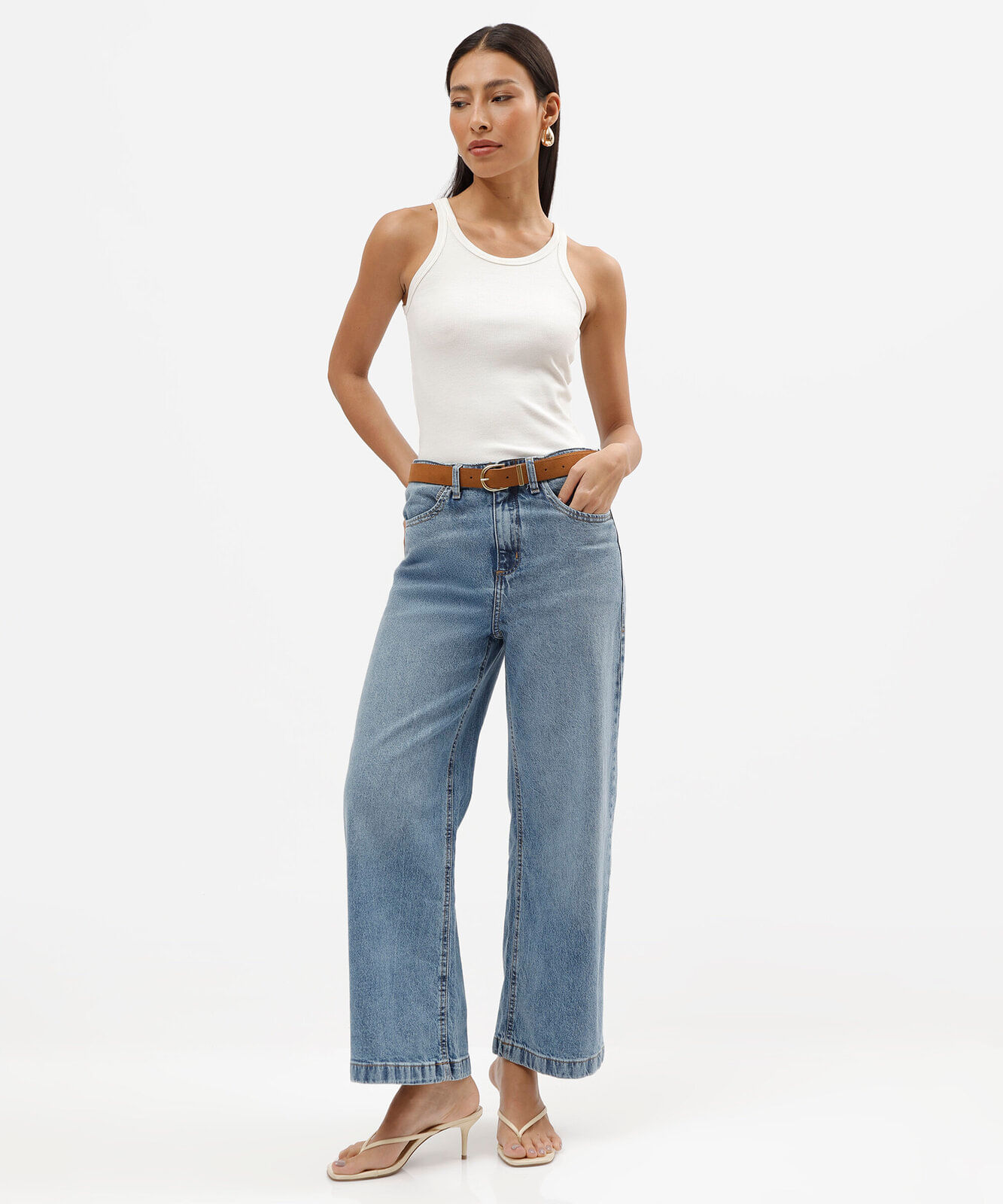 calça pantacourt feminina jeans cintura alta com cinto azul