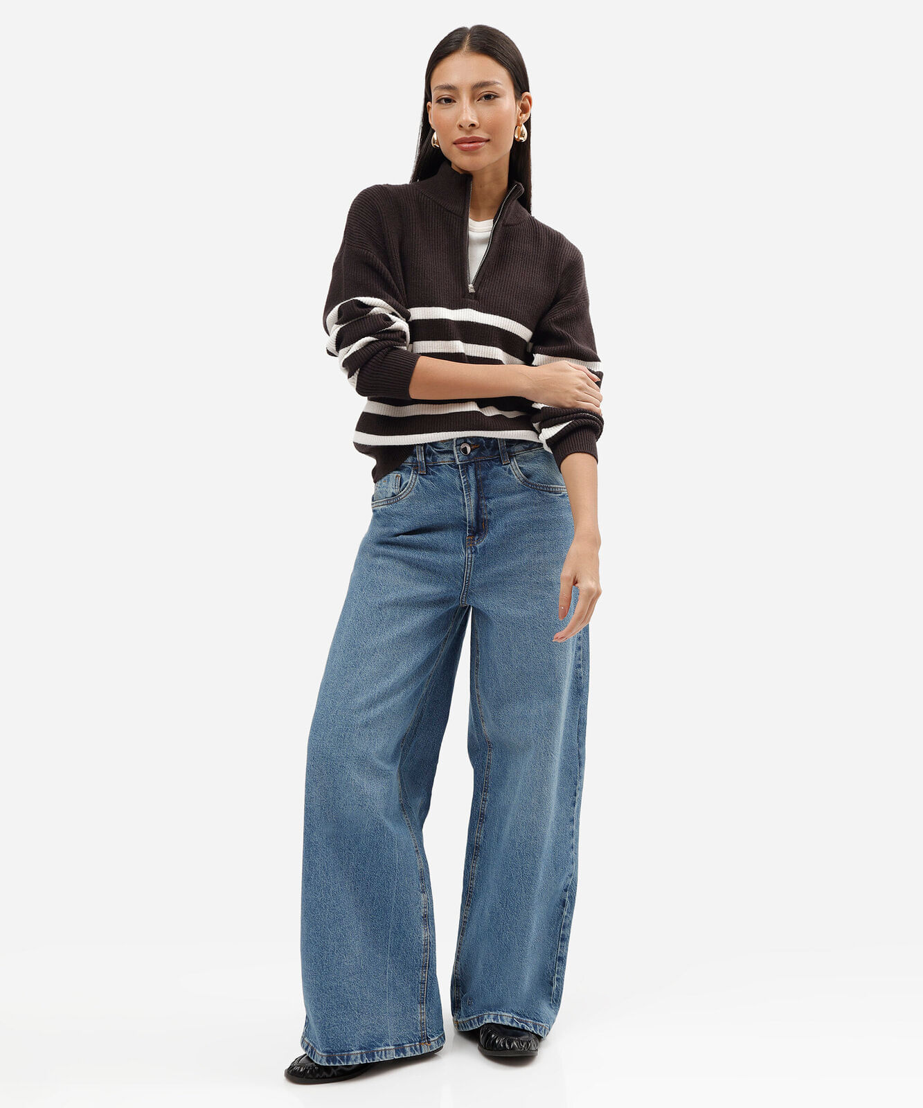 calça wide leg slim feminina jeans cintura média azul