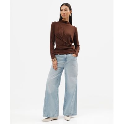 calça wide leg feminina jeans cintura média azul