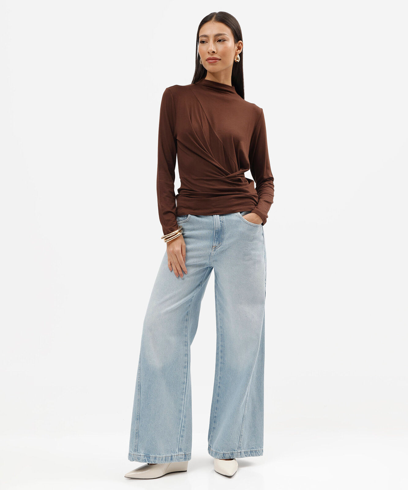 calça wide leg feminina jeans cintura média azul