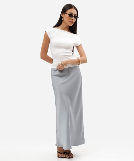 saia midi feminina acetinada cinza 36