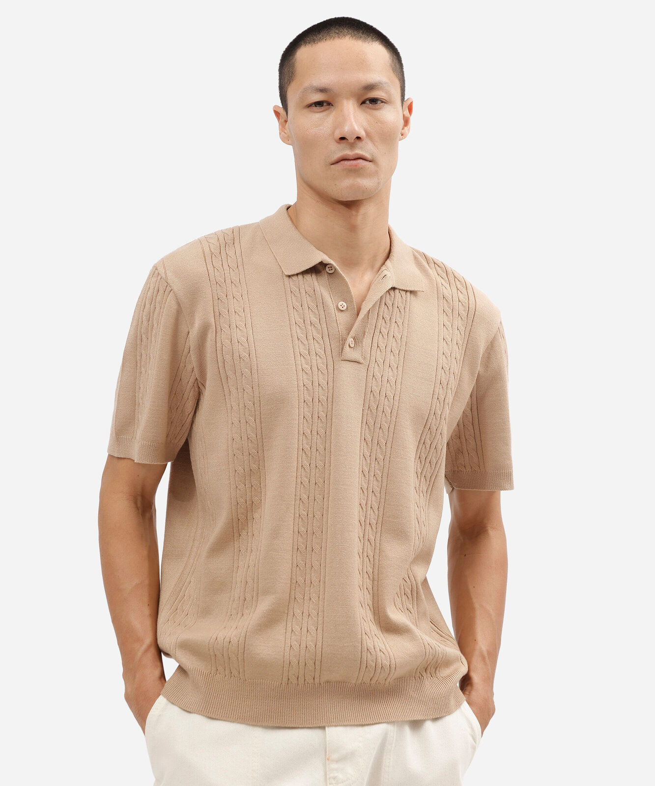 polo box fit masculina texturizada bege