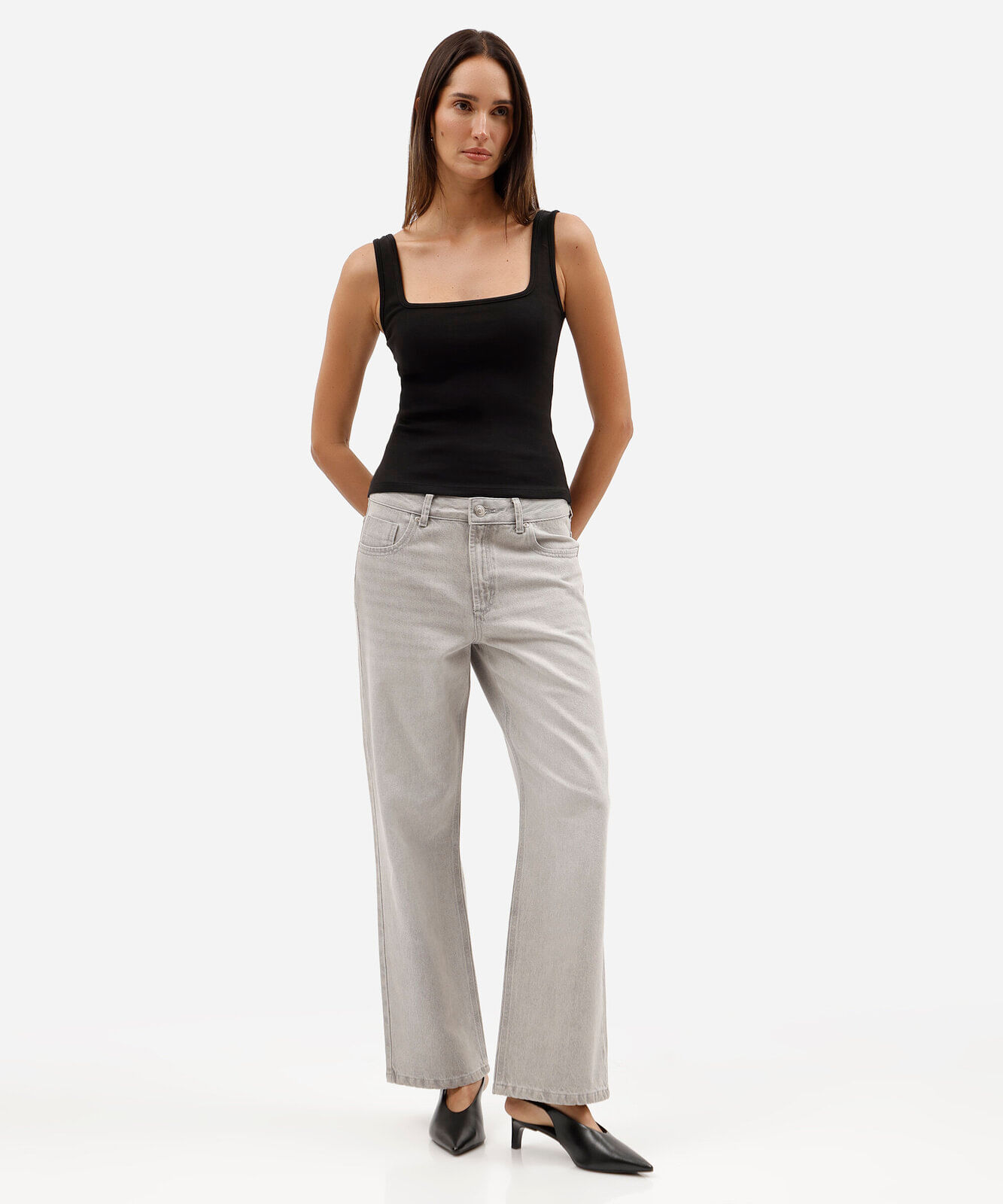 calça wide leg slim feminina jeans cinza