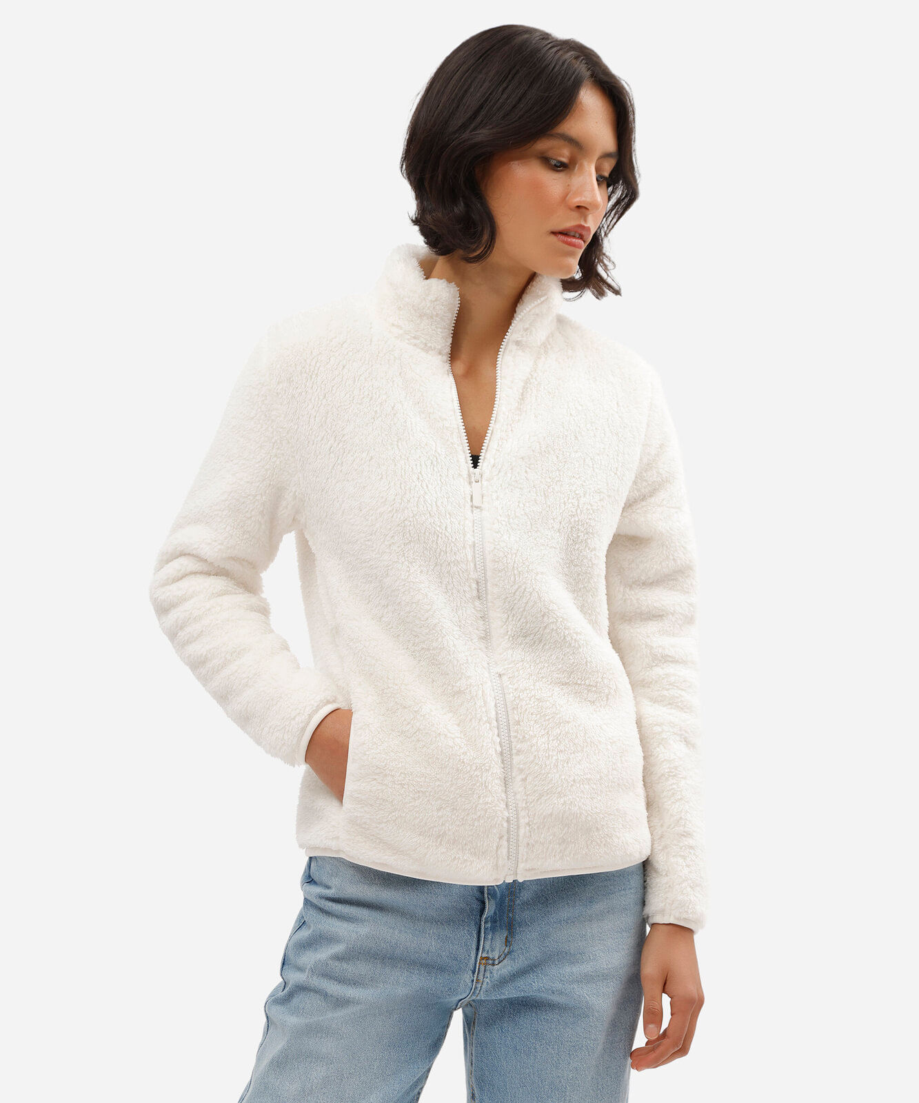 jaqueta feminina de pelúcia gola alta com bolsos off white