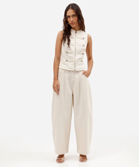 calça baggy balloon cropped feminina de sarja cintura média  bege 36