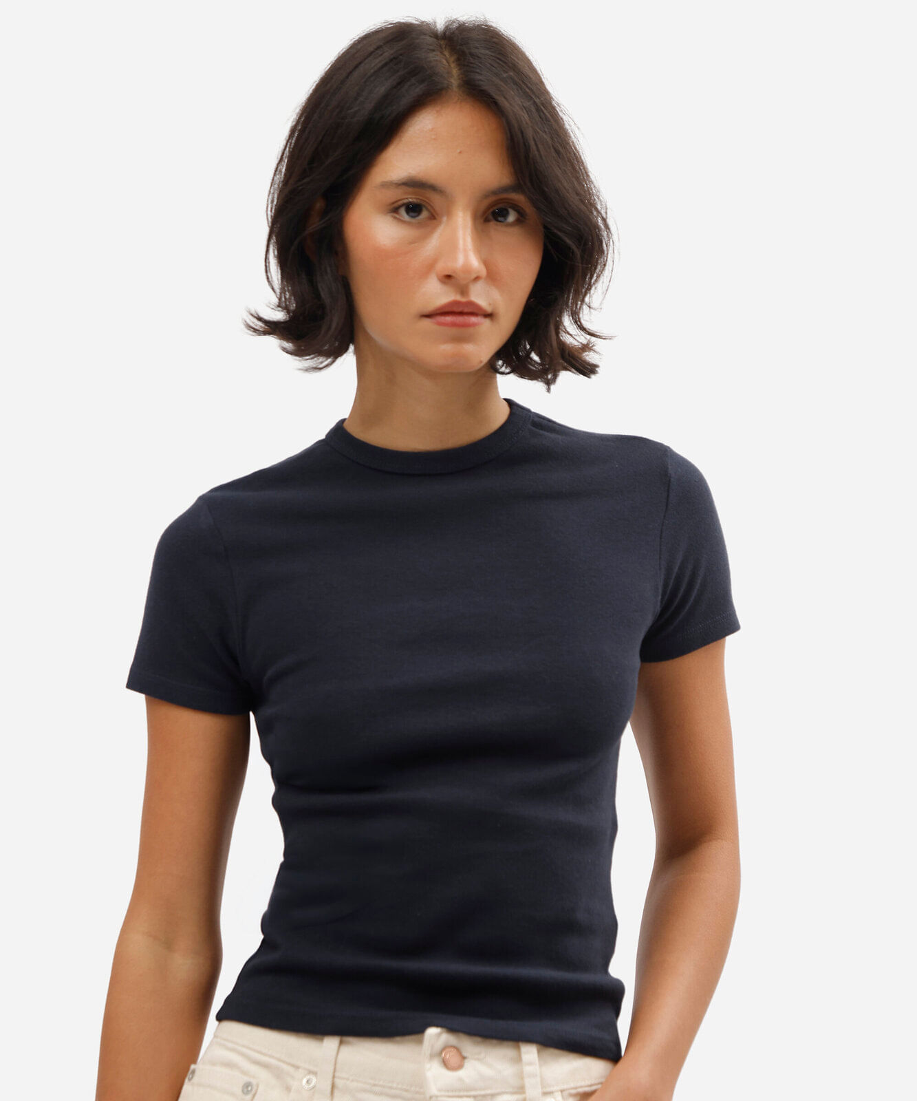 blusa básica baby look feminina de algodão manga curta azul