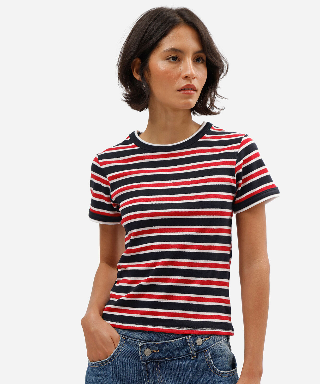camiseta baby look feminina com algodão manga curta azul