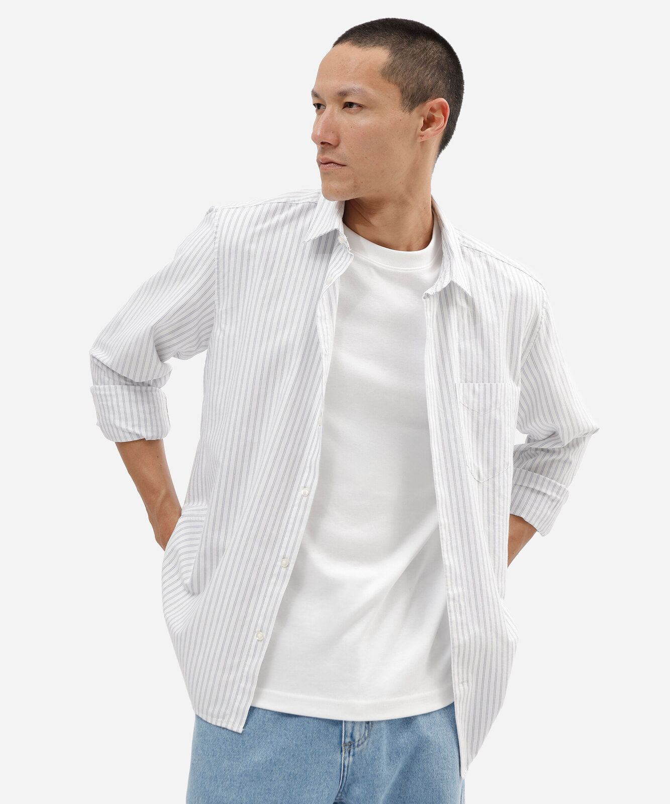 camisa masculina de algodão manga longa listrada azul
