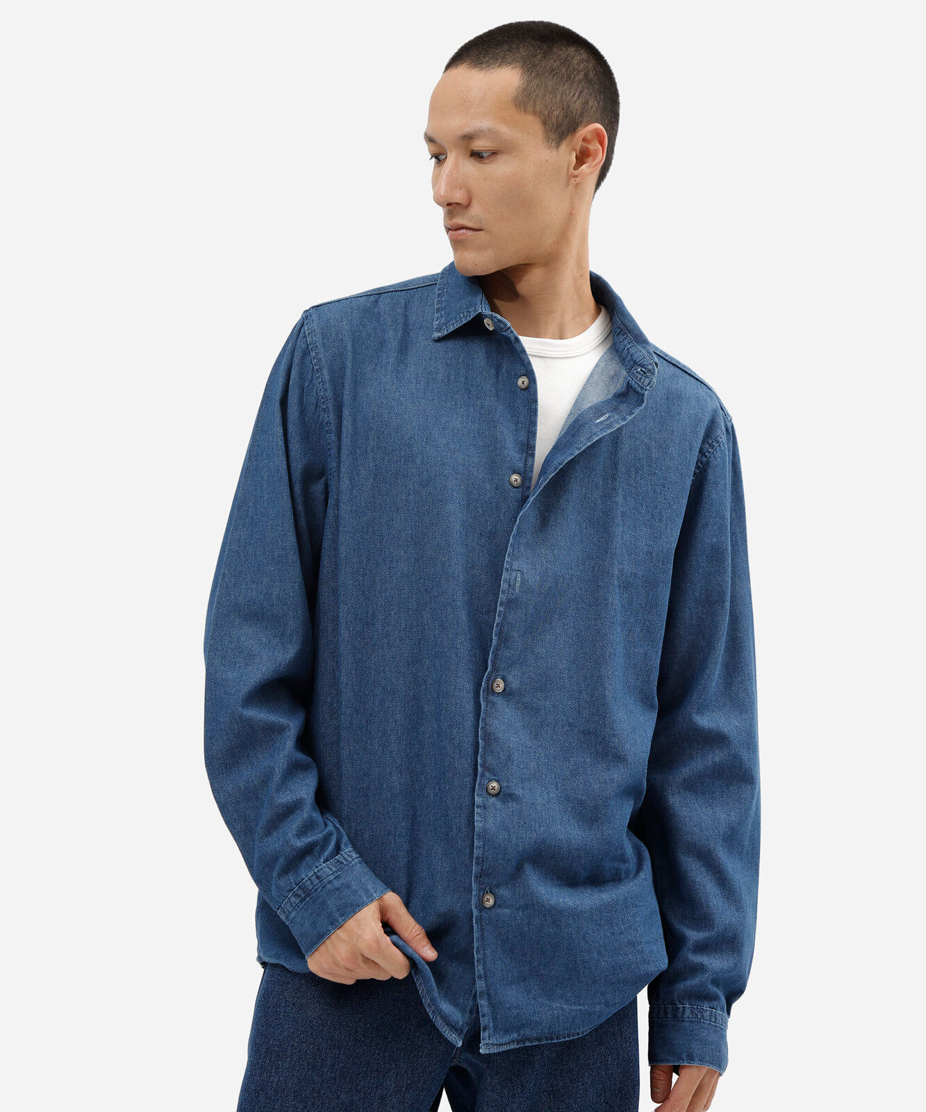 camisa masculina jeans manga longa azul